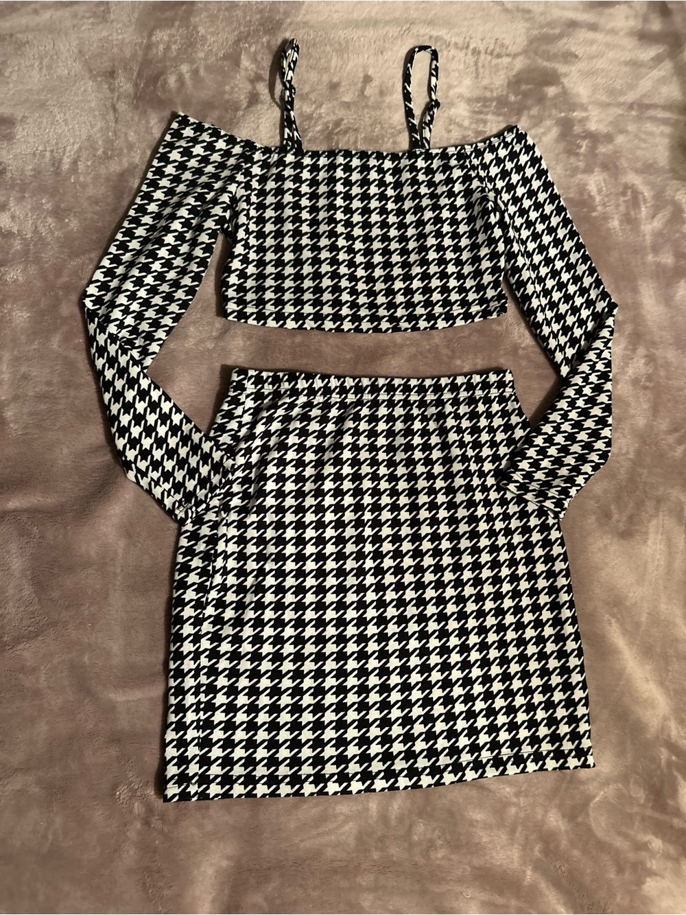SHEIN Black and White Houndstooth Two-Piece Mini Skirt Set